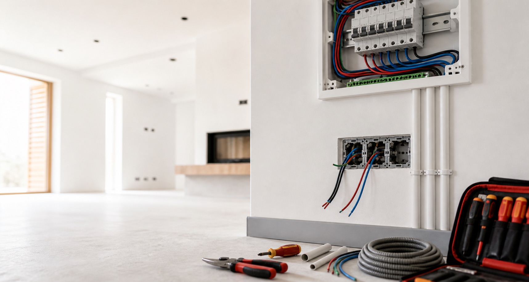 Installation électrique résidentielle propre dans un intérieur lumineux