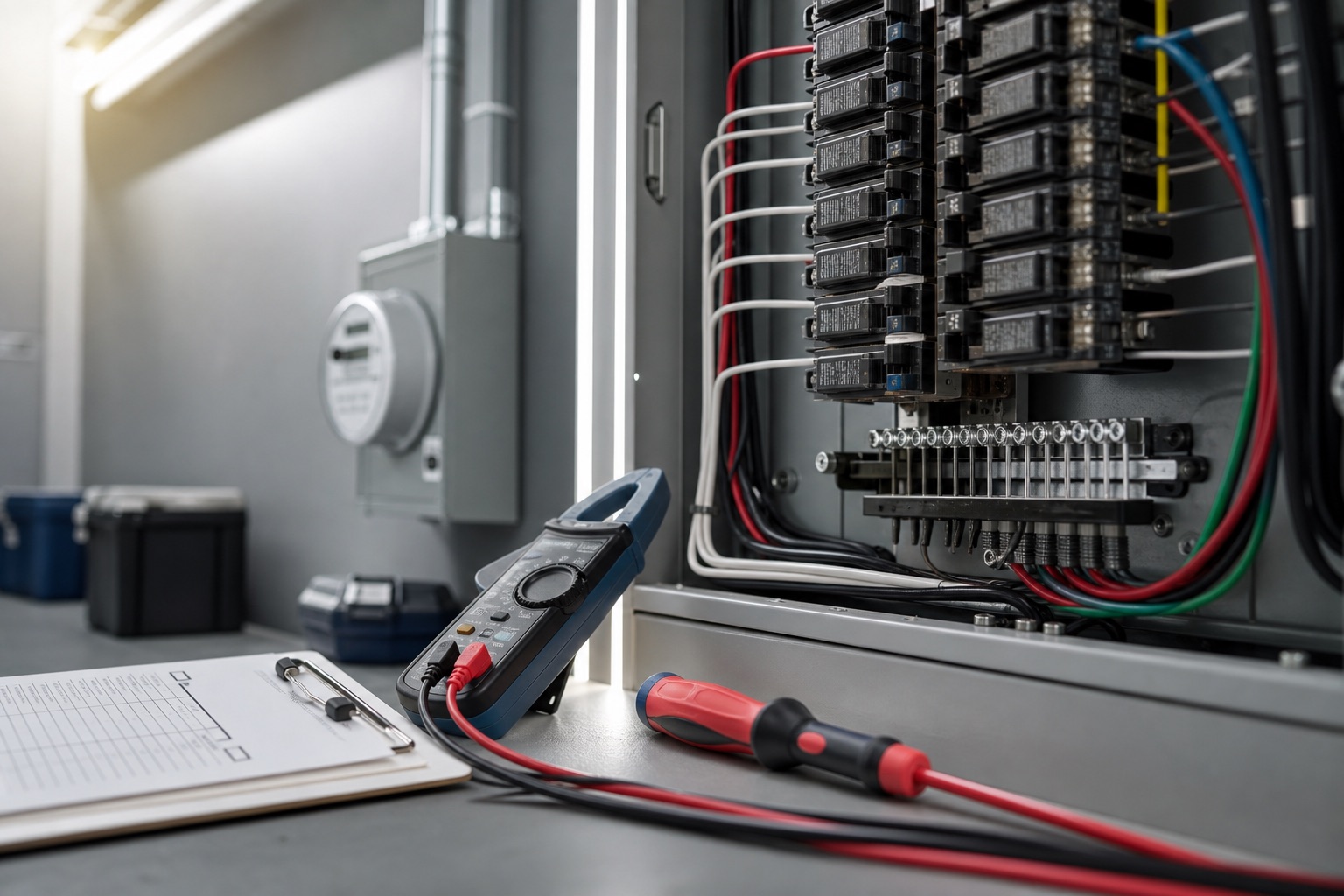 Panneau électrique organisé avec outil de mesure et câblage soigné